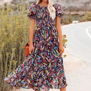 NIGHT FEVER SMOCKED PUFF SLEEVE MIDI DRESS- new in bag